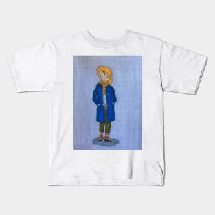 Girl In Blue Toggle Coat Cute Autumn Marker Illustration Kids T-Shirt